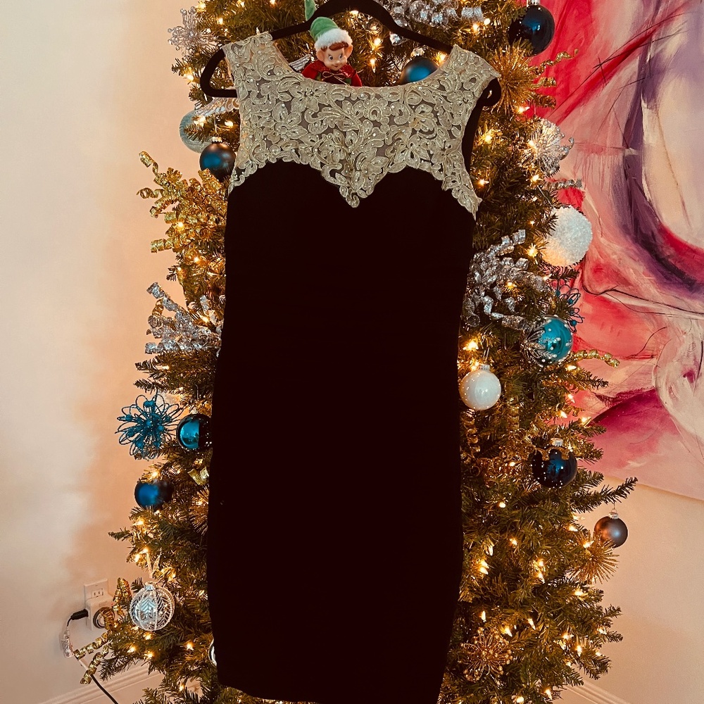 Ruched Little Black and Gold Cocktail Dress